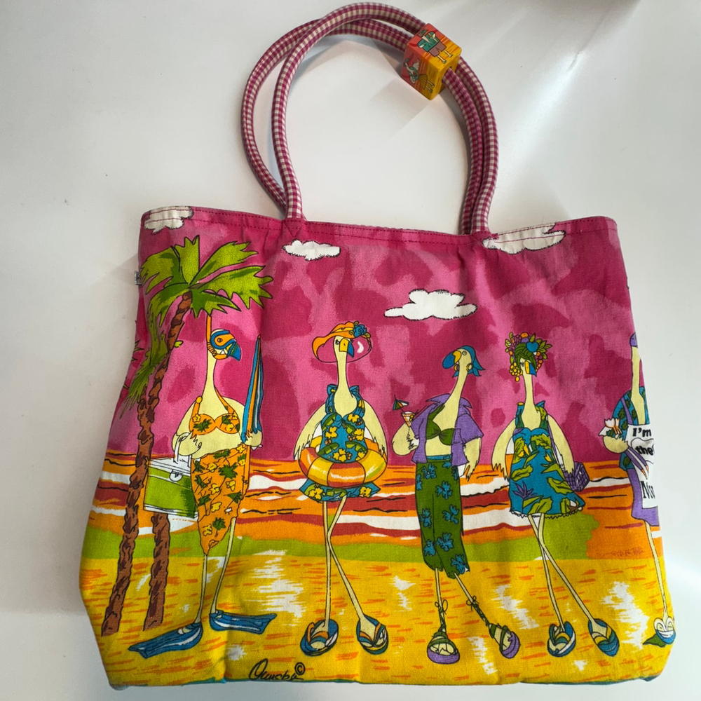 Anne Ormsby Vintage Tote Bag Colorful Flamingos Pink Yellow - Picture 2 of 12